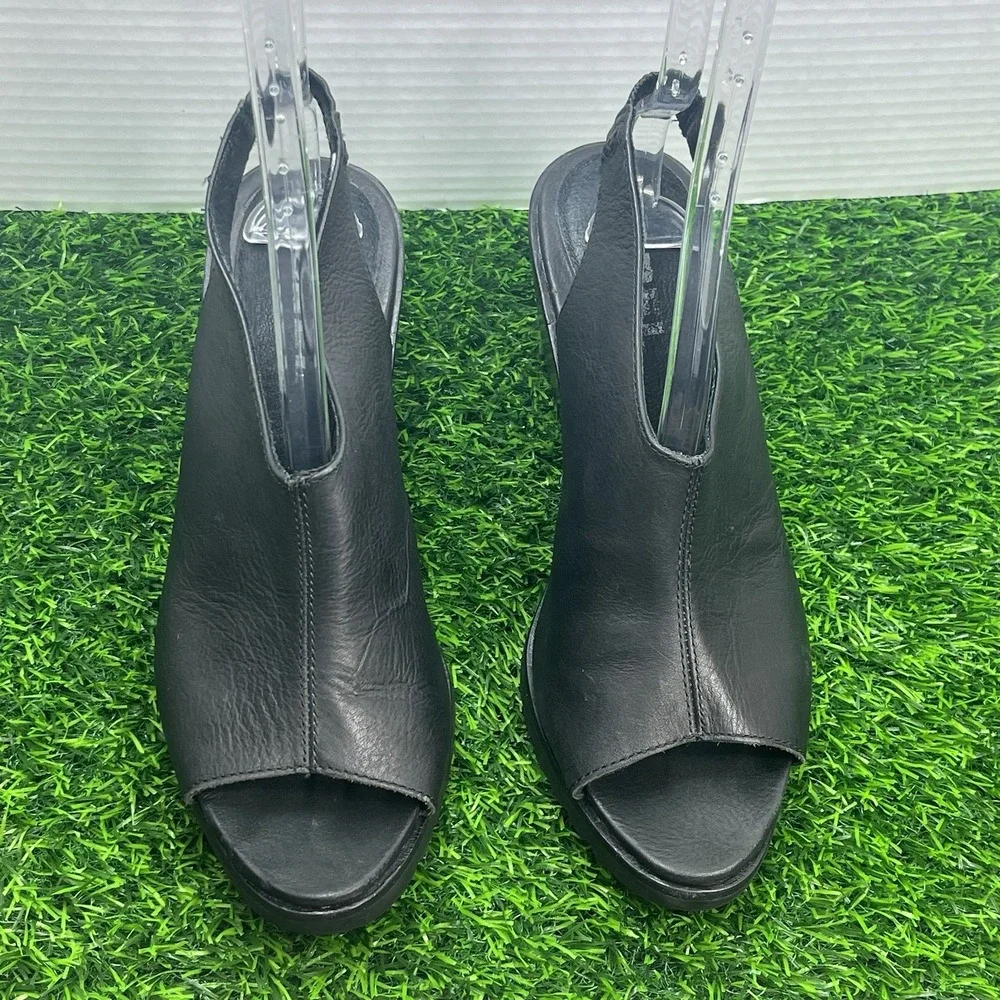 Sorel After Hour Black Leather Peep Toe Slingback Heeled Wedge Sandals Sz 10.5‎